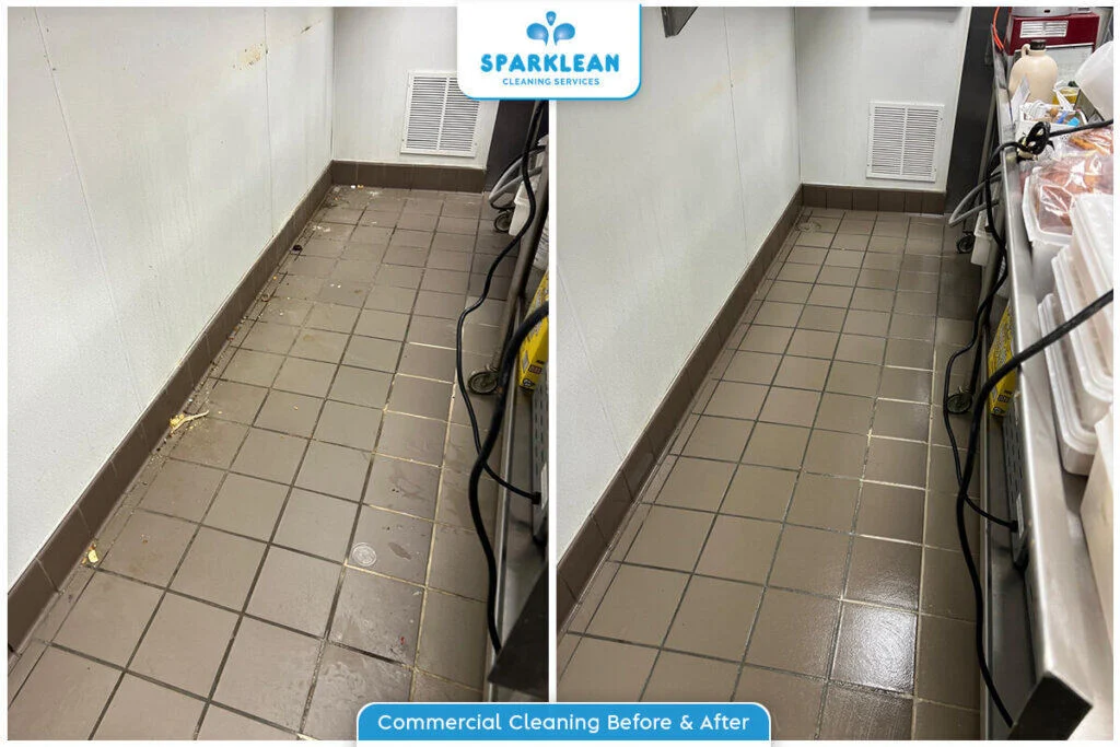 Commercial Kitchen Floor Cleaning Before & After by Sparklean Cleaning Services