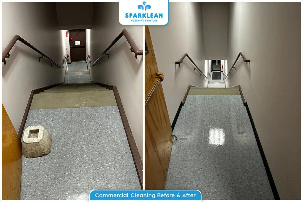 Commercial Stairway Cleaning Before & After by Sparklean Cleaning Services